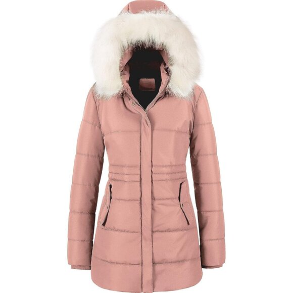 Women's Pink Puffer Jacket Coat Waterproof Snow Removable Faux Fur Trim Hood